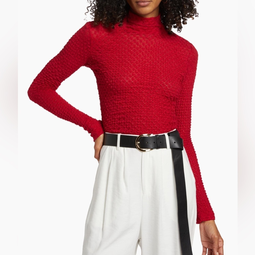 Frame Textured Mesh Mock-Turtleneck Top Cherry Red Women Size XL - Picture 2 of 13